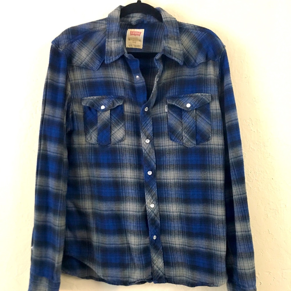Levi’s Strauss Snap Button Plaid Long Sleeve Shirt Large Blue Western Cozy Fall